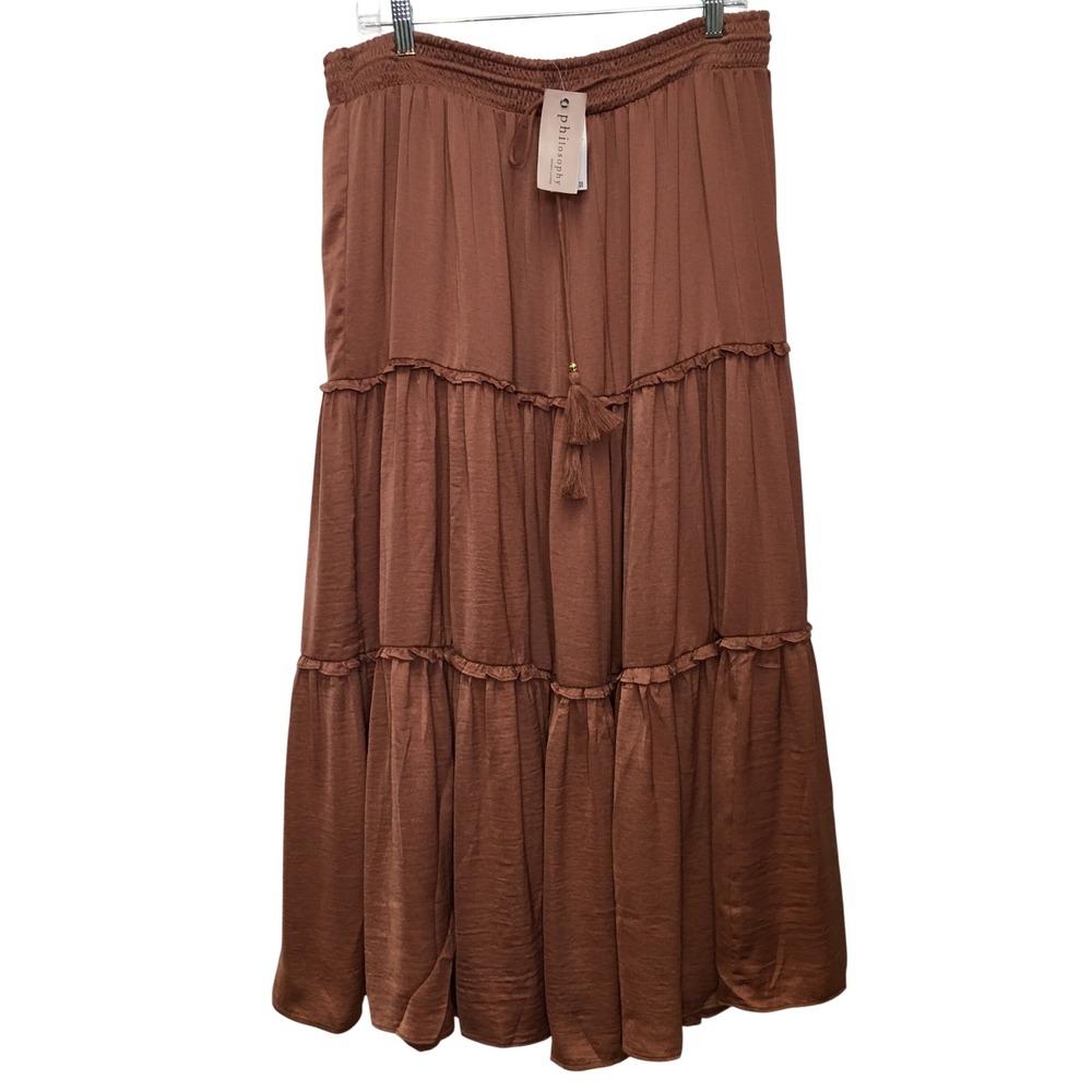 Philosophy Tiered Smocked Midi Skirt XL Brown Boho Satin Cottagecore Festival